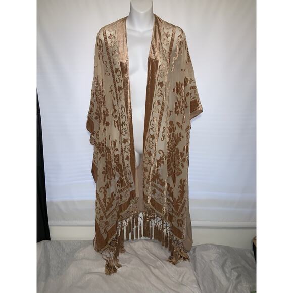 Free People Kimono Duster Sheer Velvet Burnout Champagne Brown Cardigan OS Boho - Picture 1 of 5